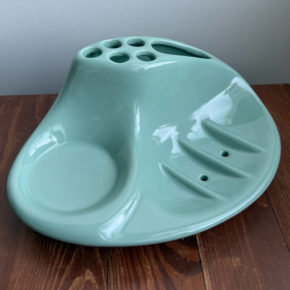 Ceramic Teal Vintage Bathroom Soap Toothbrush Shaver Cup Holder Mid Mod Decor